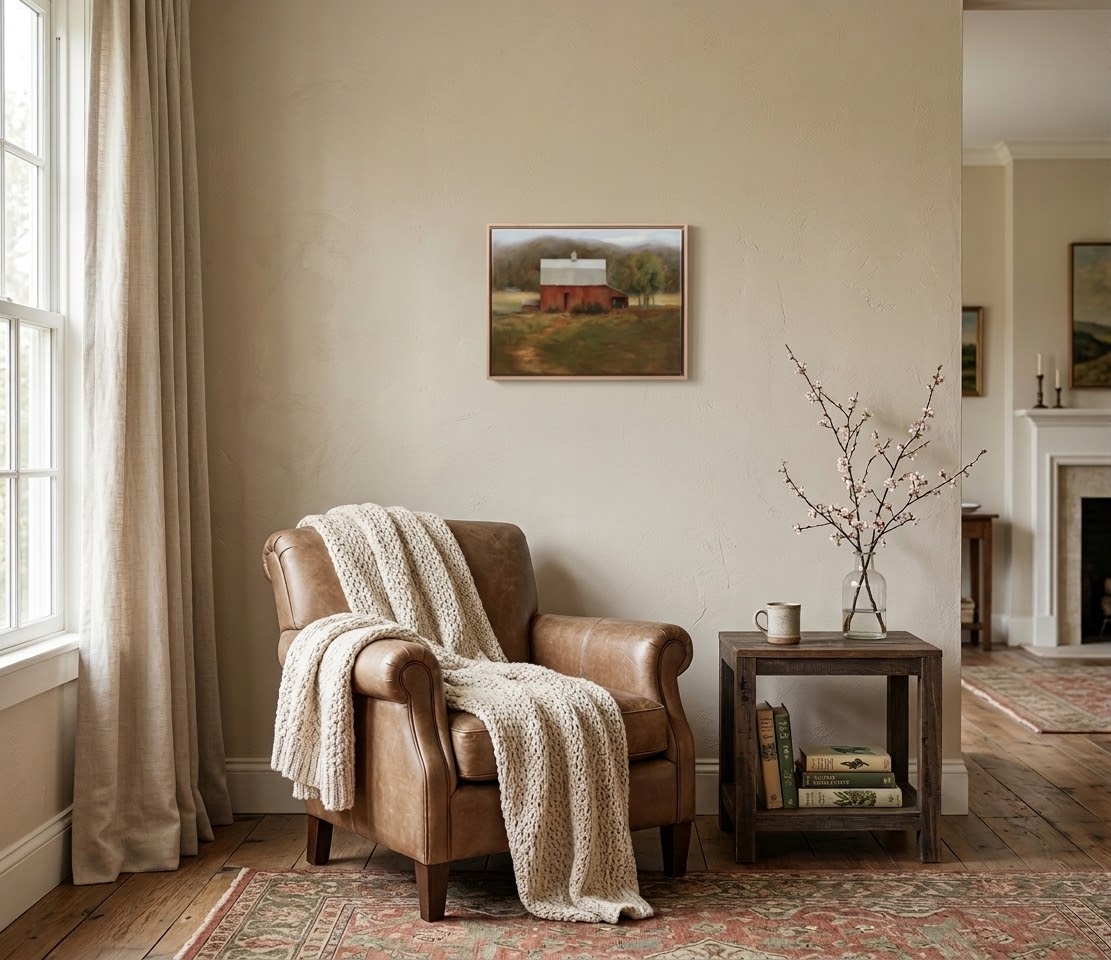Quiet Shelter red barn oil painting