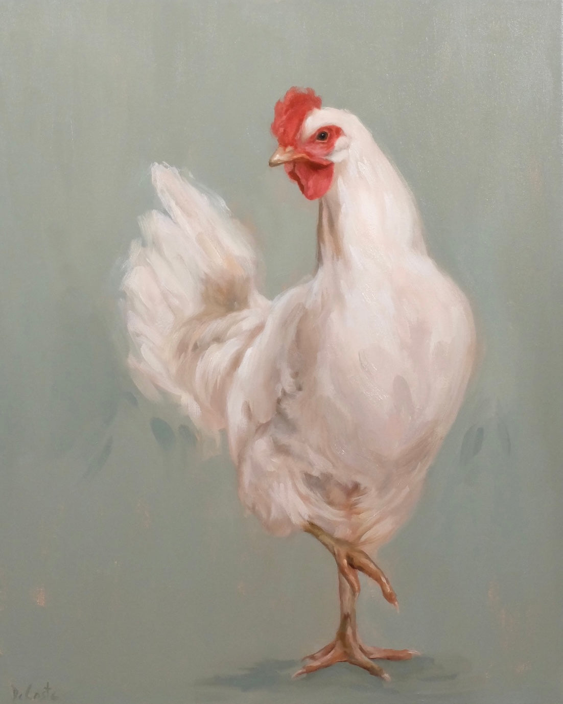 Mable, chicken standing on one leg oil painting