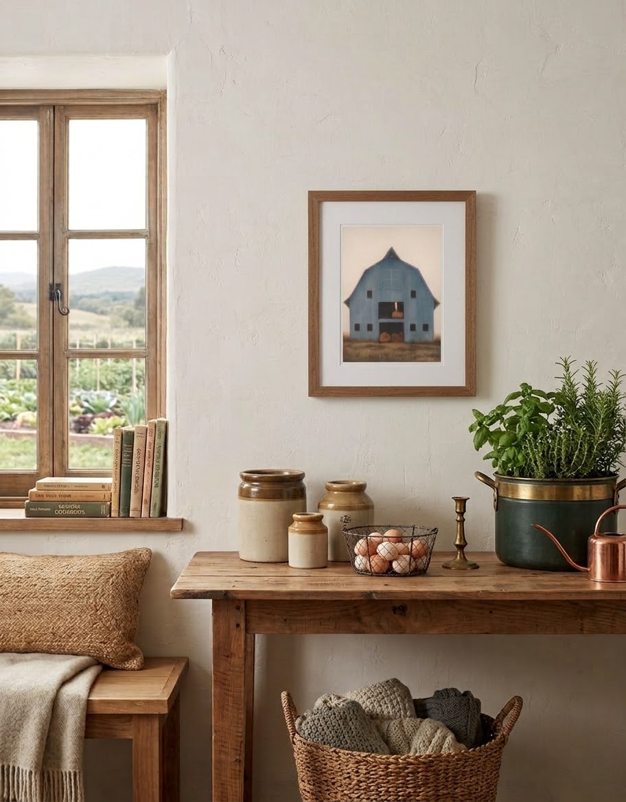 Country Living blue barn with rolls of hay