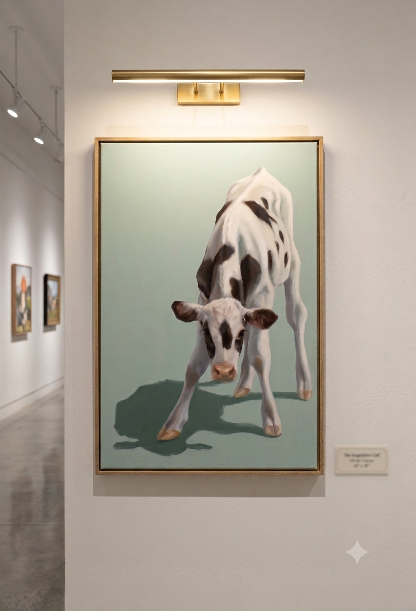 Tipsy calf oil painting with dramatic shadow