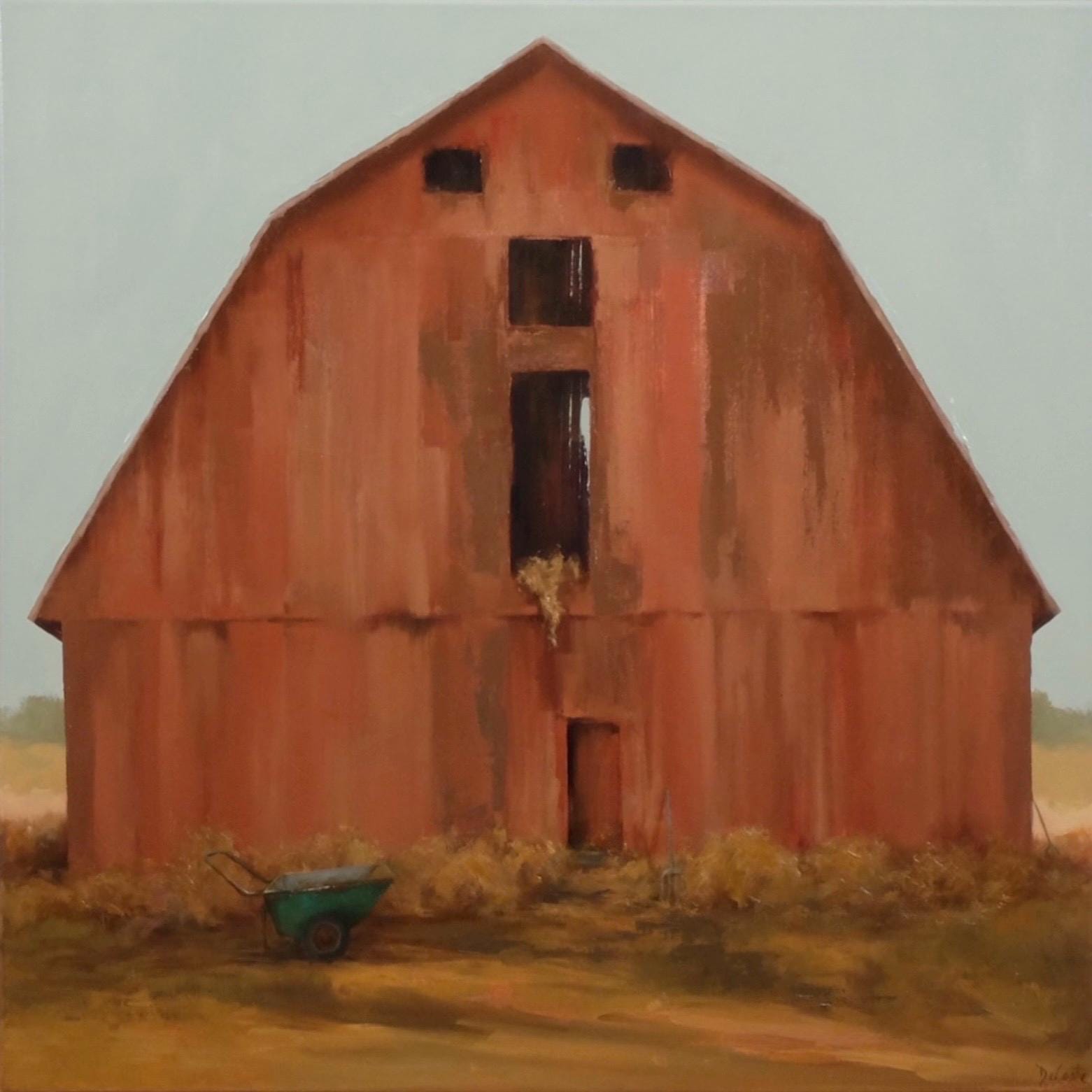 Pitchfork red barn oil painting
