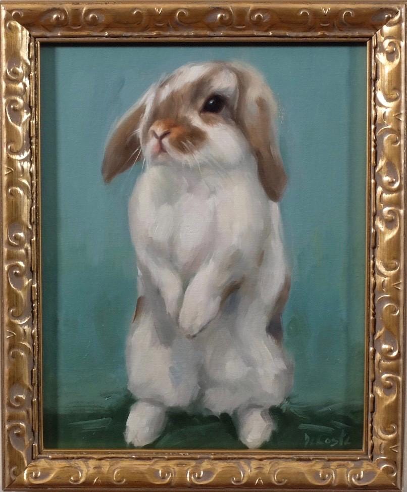 Floppy bunny oil painting in gilded frame