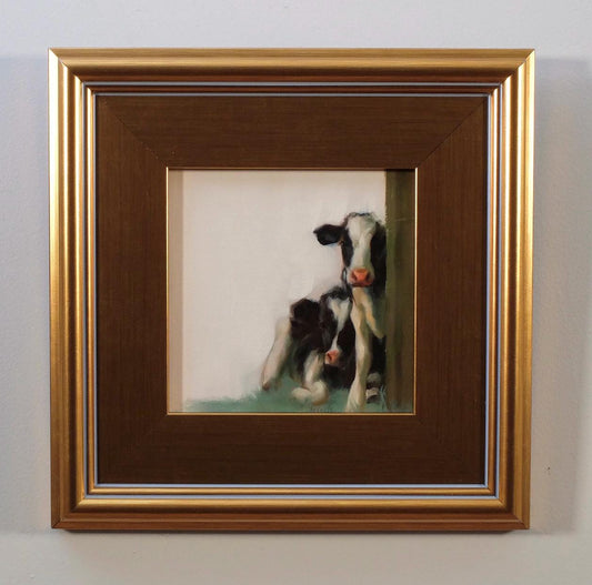 Kicking Back framed oil painting of two cows