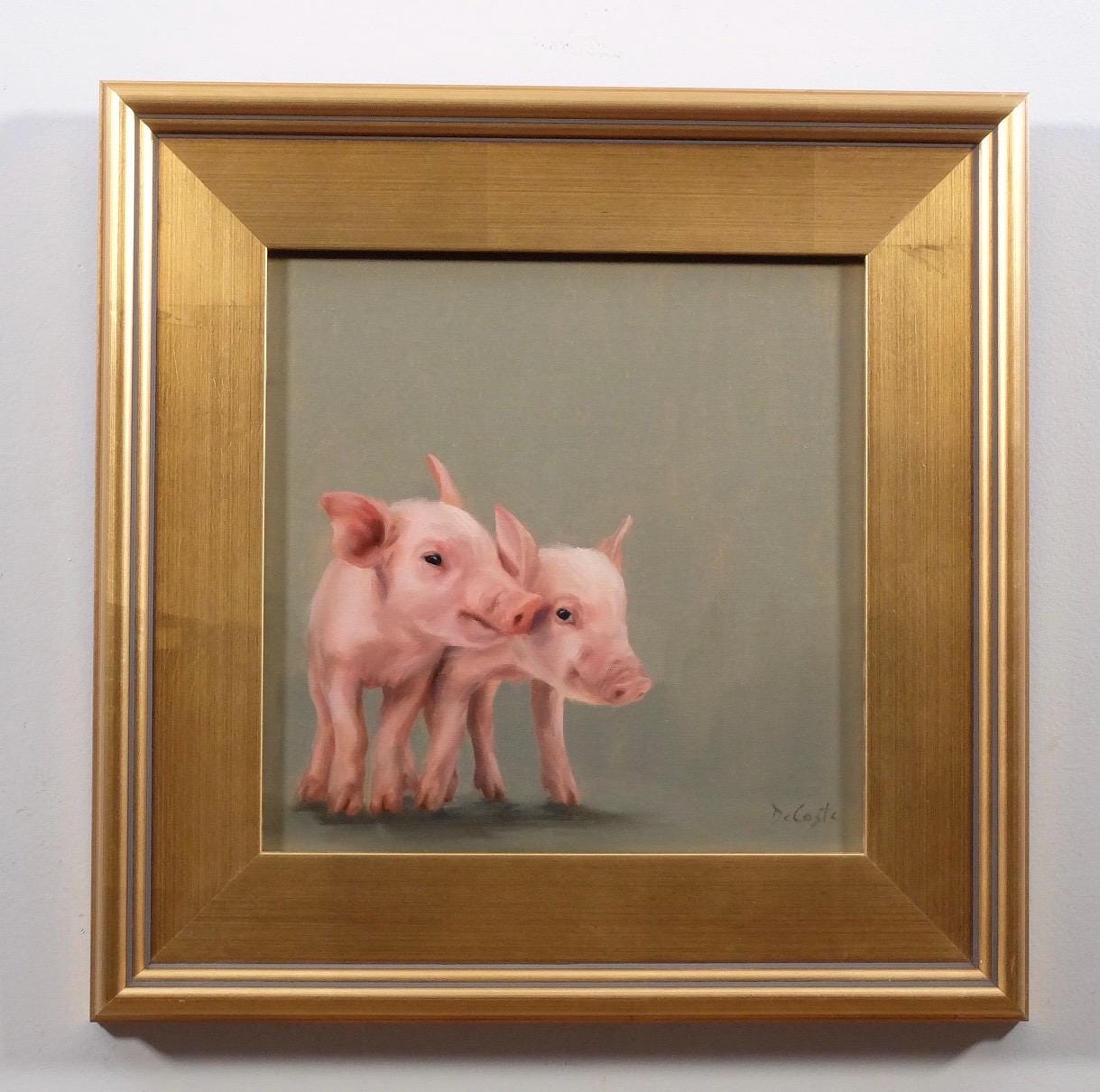 Sibling Love, 2 piglets oil painting