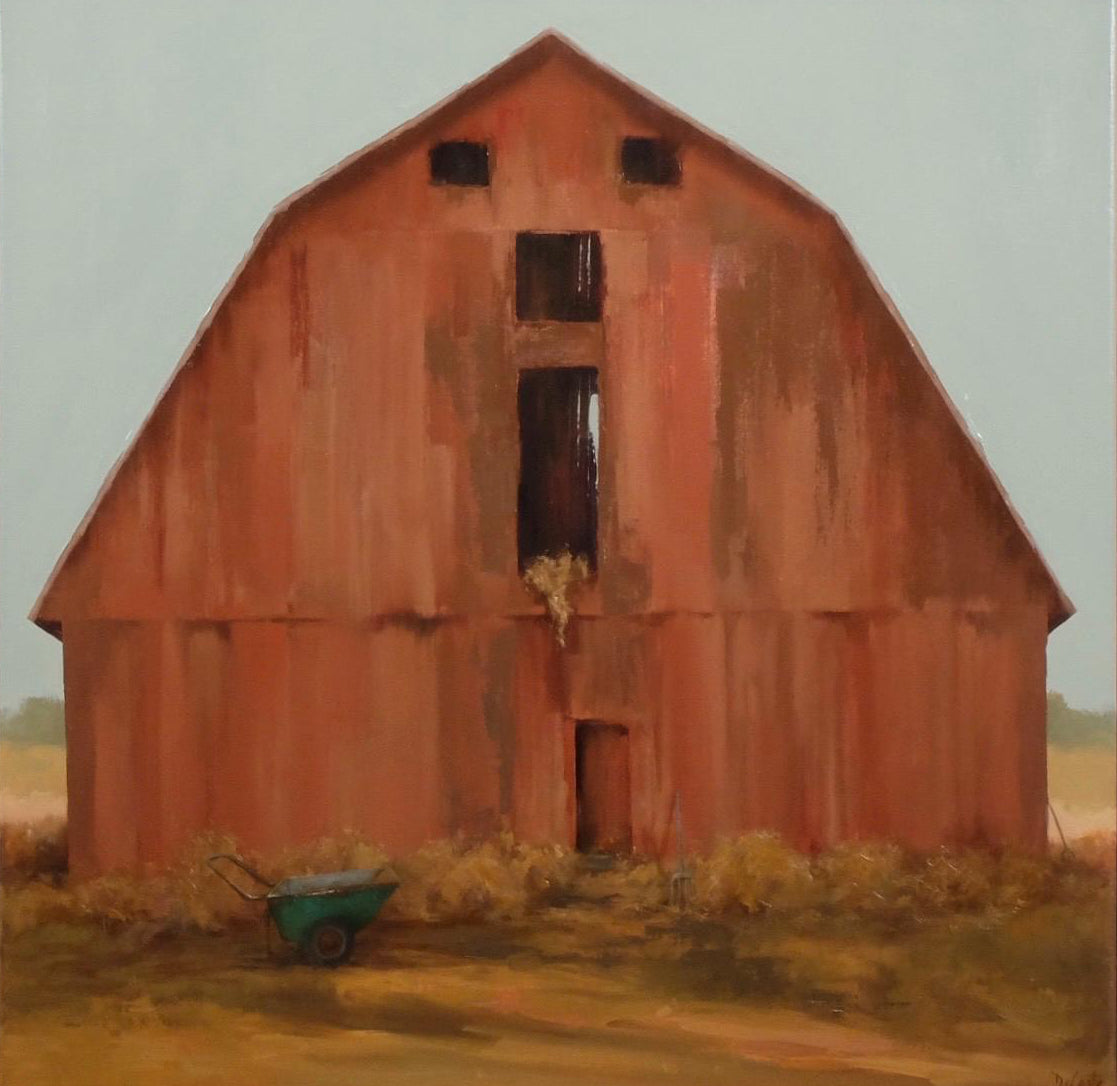Pitchfork red barn with hay and pitchfork