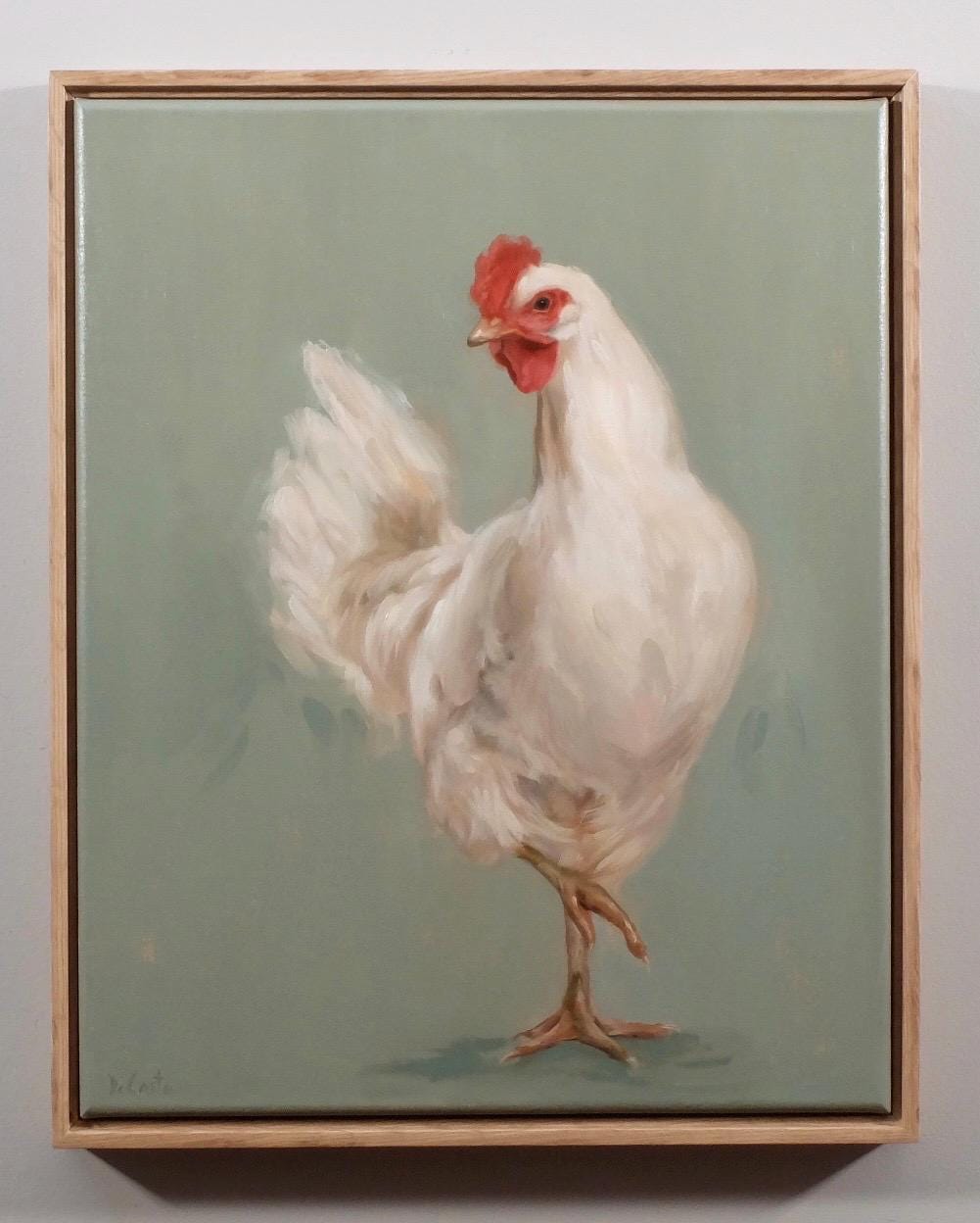 Mable, chicken standing on one leg oil painting