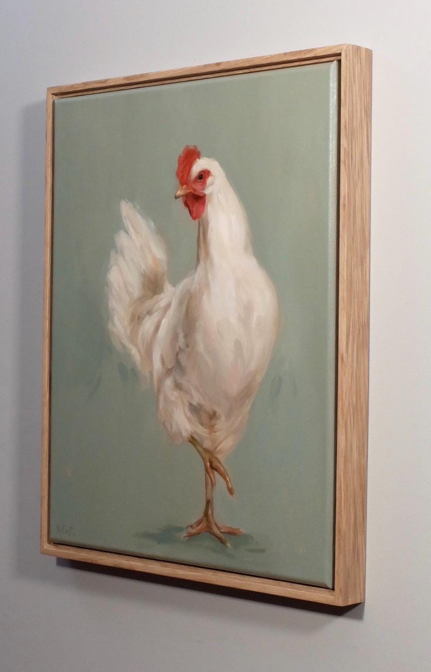 Mable, chicken standing on one leg oil painting